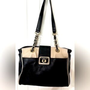 Franco Sarto Soft Leather with Chain, Creamy Tan and Black, Purse Tote